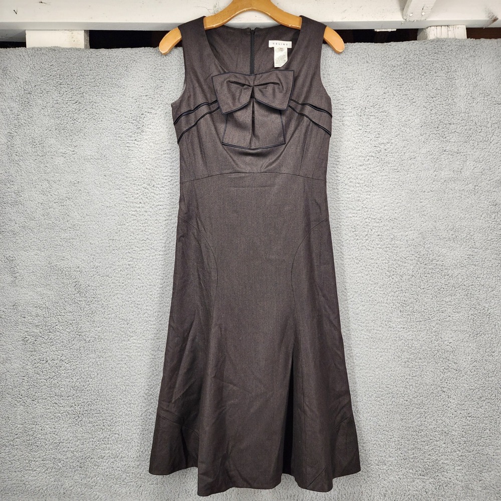 Celine Brown Wool Blend Bow Front Sleeveless Midi Dress Size 38 FR 6 US